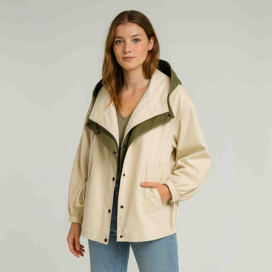 Damen Herbstjacke | Oversized Übergangsjacke mit Kapuze und Kontrastkragen