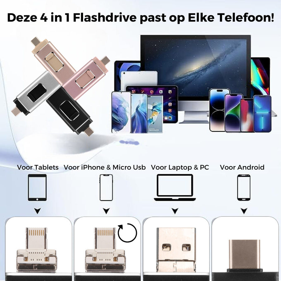 Nie wieder ein voller Speicher mit unserem 4-in-1 Flashlaufwerk. Dieses passt auf jedes Gerät