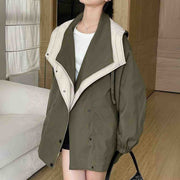 Damen Herbstjacke | Oversized Übergangsjacke mit Kapuze und Kontrastkragen
