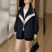 Damen Herbstjacke | Oversized Übergangsjacke mit Kapuze und Kontrastkragen