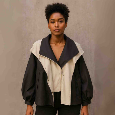 Damen Herbstjacke | Oversized Übergangsjacke mit Kapuze und Kontrastkragen