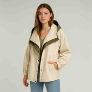 Damen Herbstjacke | Oversized Übergangsjacke mit Kapuze und Kontrastkragen
